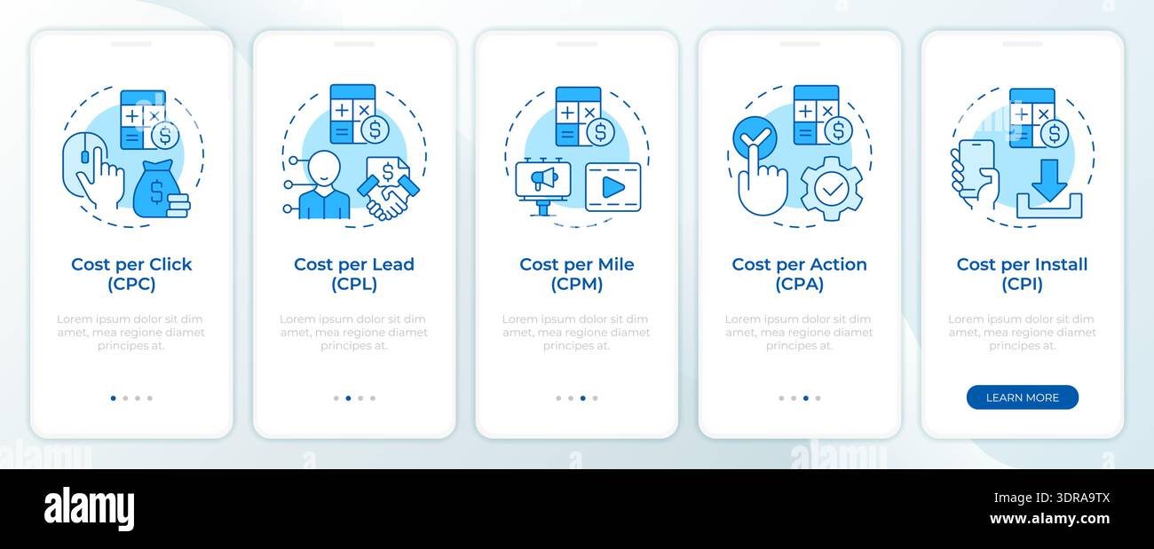 Marketing budget control blue onboarding mobile app screen Stock Vector