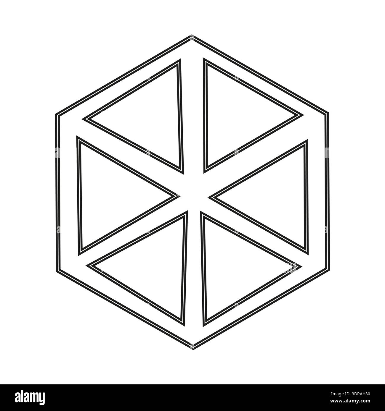 Geometric hexagon shape. Six triangular divisions. Abstract Vector emblem. Outlined structure symbol Stock Vector