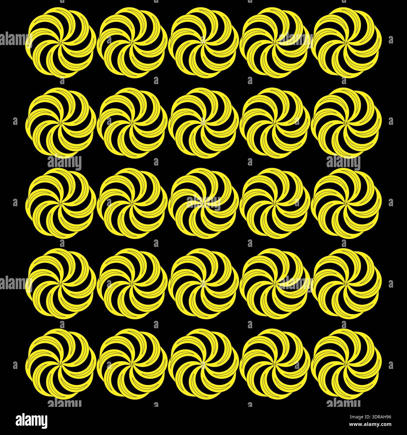 Yellow swirl pattern. Repeating geometric shapes. Hypnotic Vector texture. Black background graphic. Stock Vector