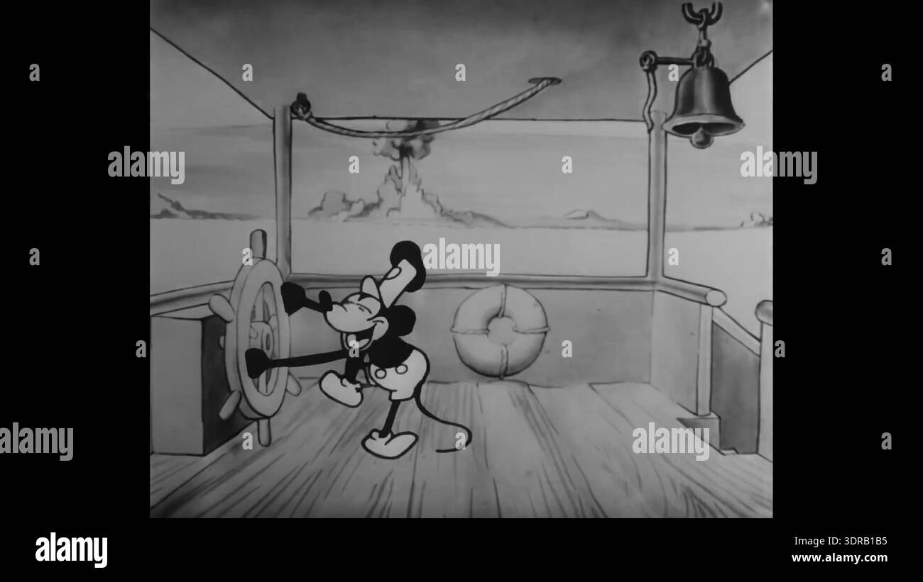 This frame from Steamboat Willie, a 1928 animated short by Walt Disney ...