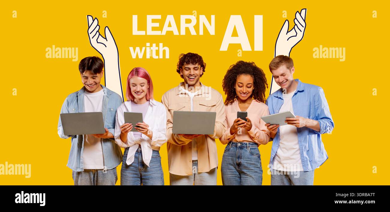 Five Young Adults Using Technology in Front of a Yellow Background Stock Photo