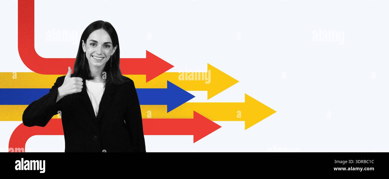 Collage of a Woman With Arrows Showing Different Directions at a Business Meeting Stock Photo