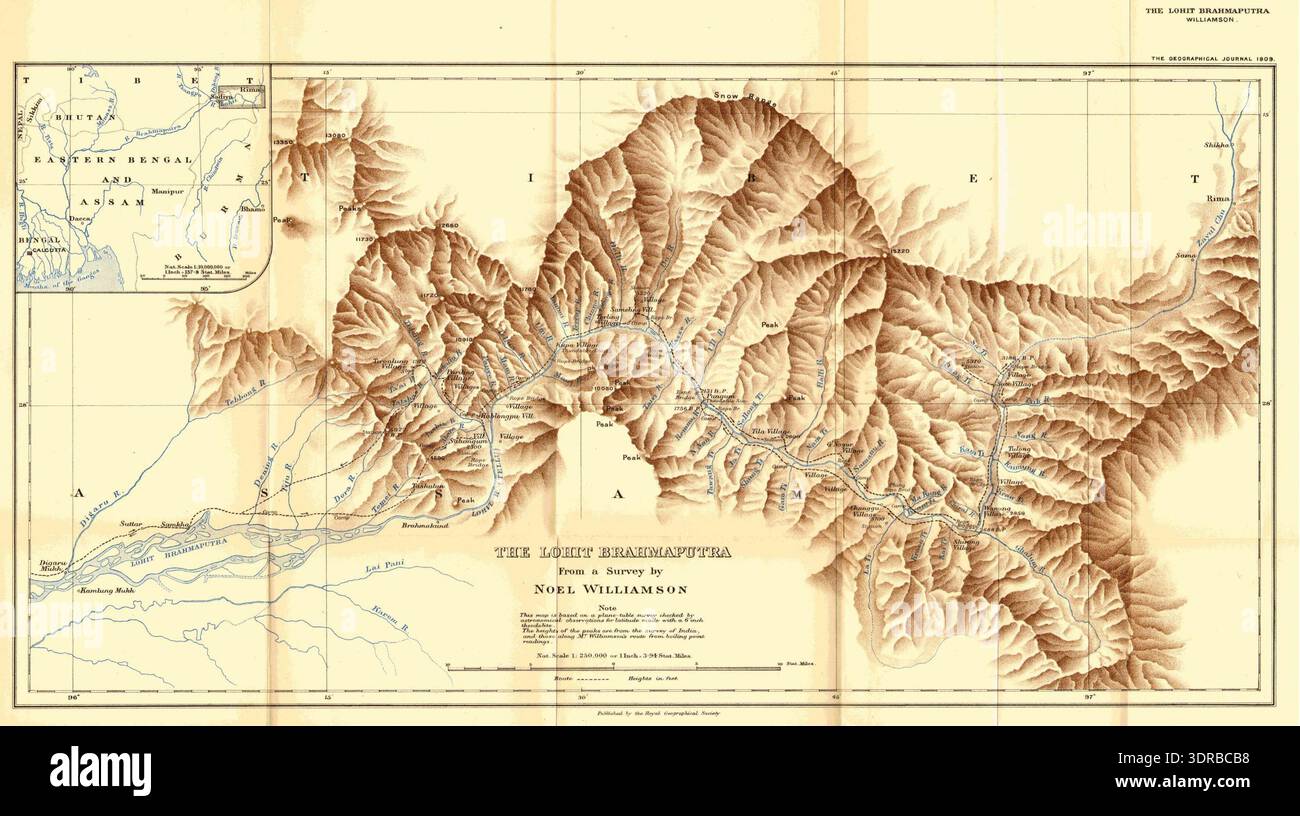 Map of the Brahmaputra River region from 1909 shows the river course ...
