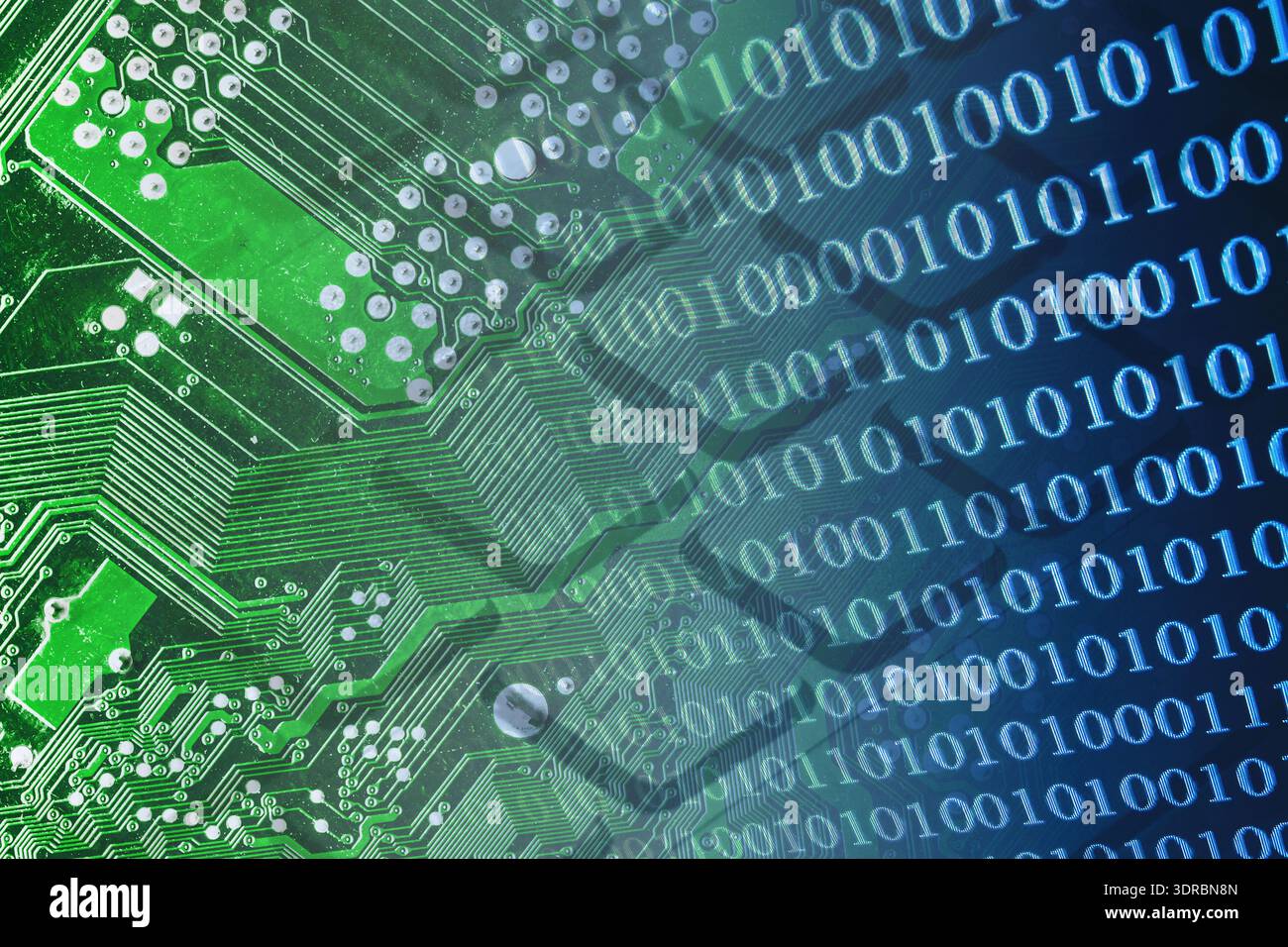 Binary code over green computer circuit board background. Digital technology and data processing concept with electronic components closeup. Stock Photo