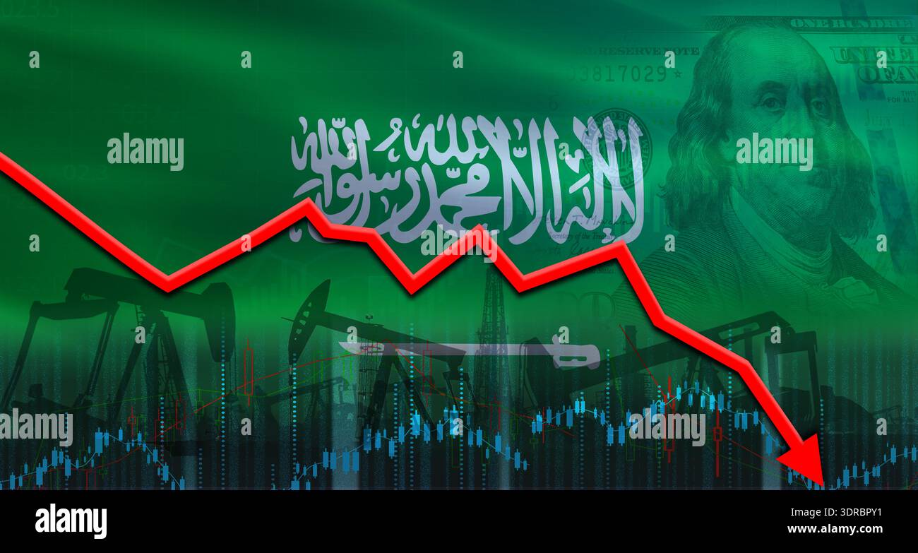 Saudi Graph Face Fall in oil price with the flag of Saudi Arabia. Petrol crisis with ...