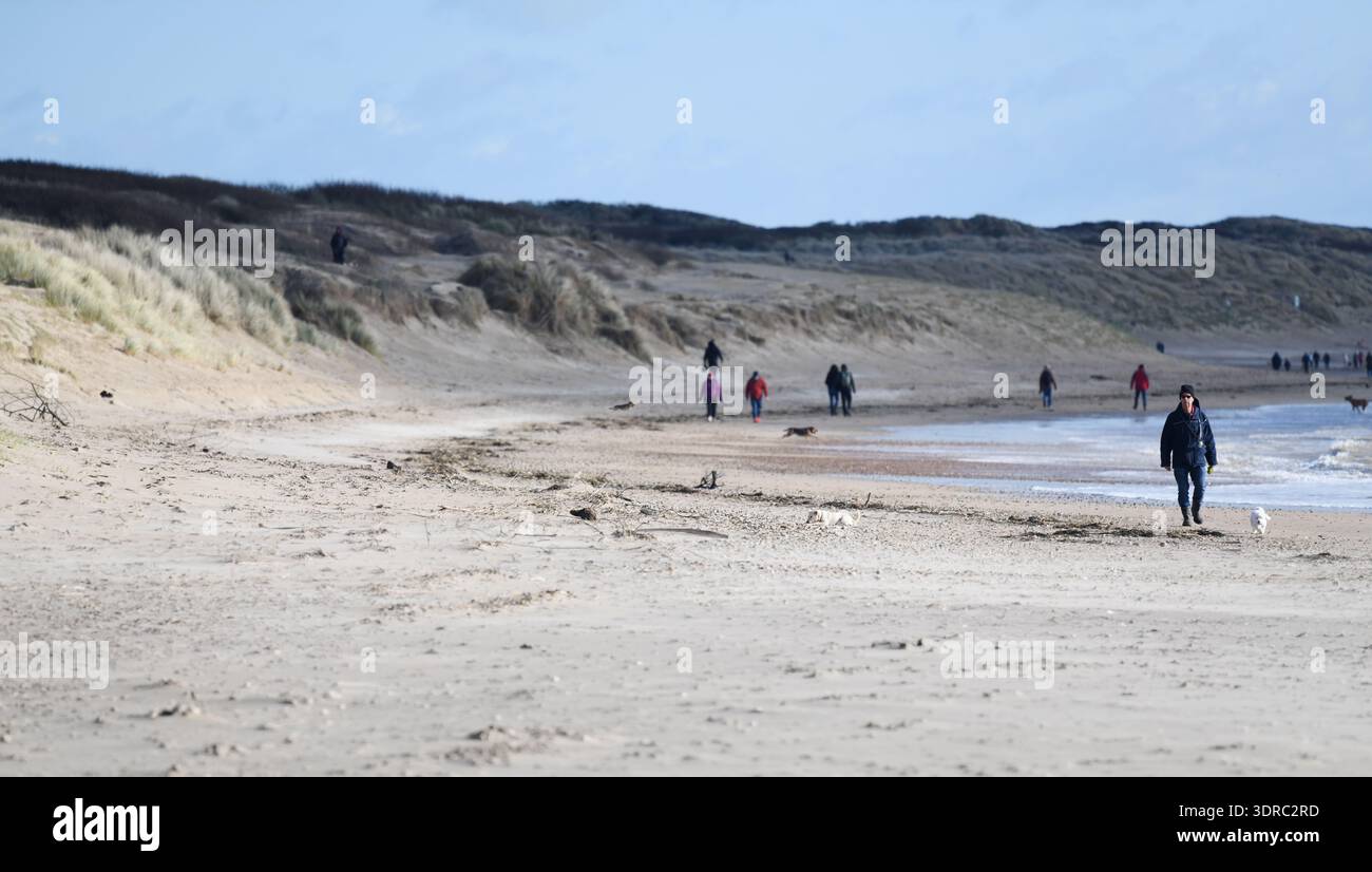Camber sands dog walking Stock Photo