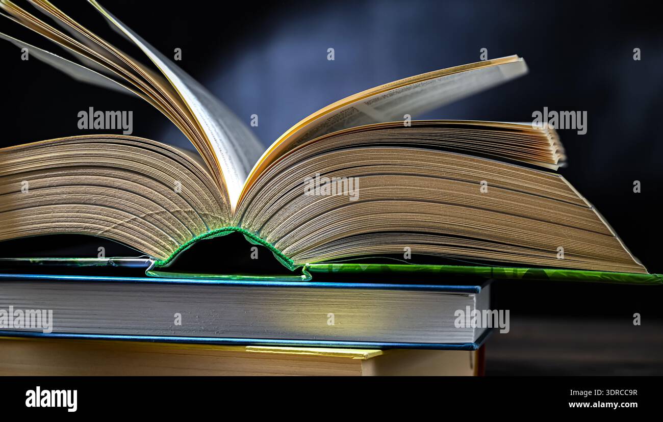 An open book lying on a stack of other books. Stock Photo