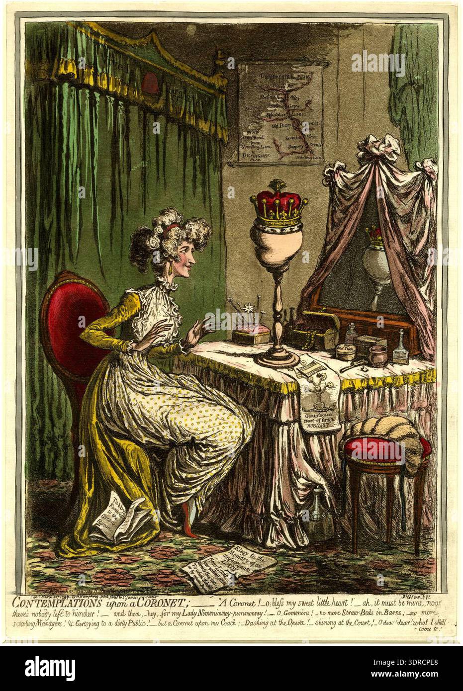 James Gillray print, 1797, showing Miss Farren at her dressing-table  contemplating an earl's coronet on a wig-block caricaturing Lord Derby's  head. Her voluminous dress drapes a thin angular figure, long neck. At