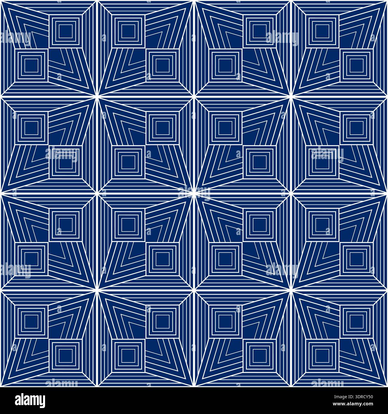 Blue white geometric polygonal seamless pattern. Complicated linear texture background. Interlaced illusion stars ornament. Patchwork square blocks. M Stock Vector