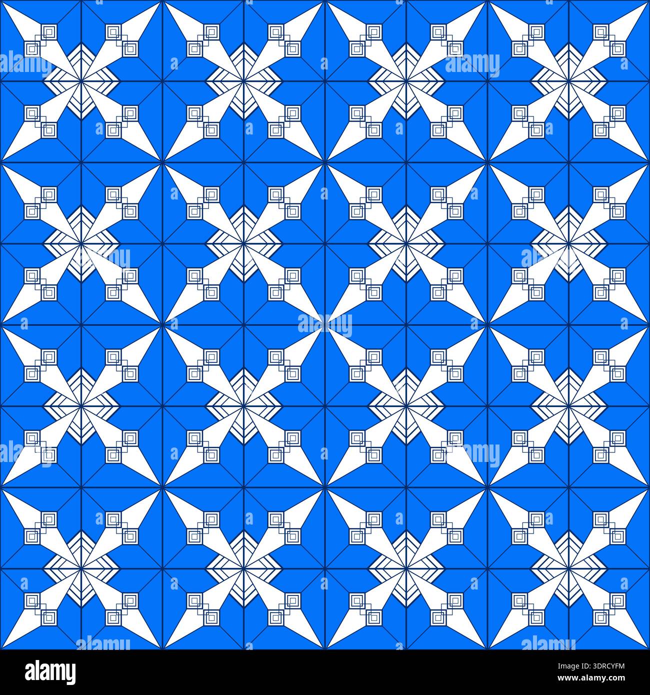 Blue white geometric polygonal seamless pattern. Complicated texture background. Mosaic tile ornament. Diamond grid square tile. Monochrome blue desig Stock Vector