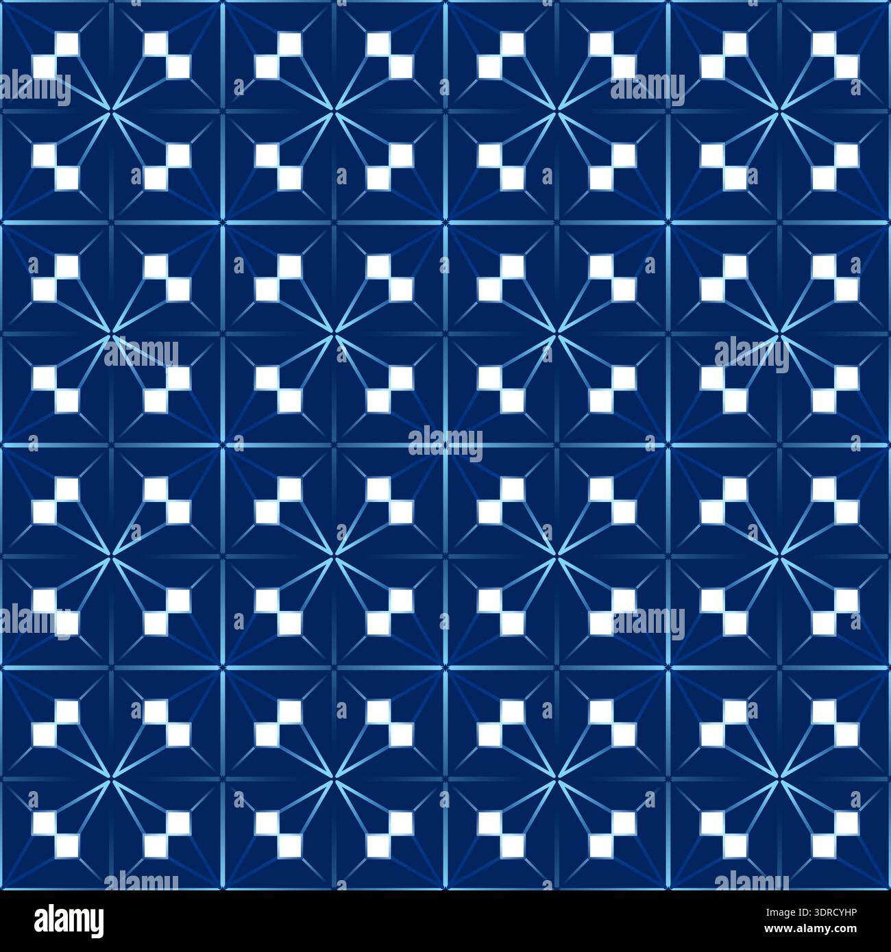 Geometric polygonal seamless pattern. Complicated texture background. Rhombus and squares blocks ornament. Diamond grid square tile. Classic blue, whi Stock Vector
