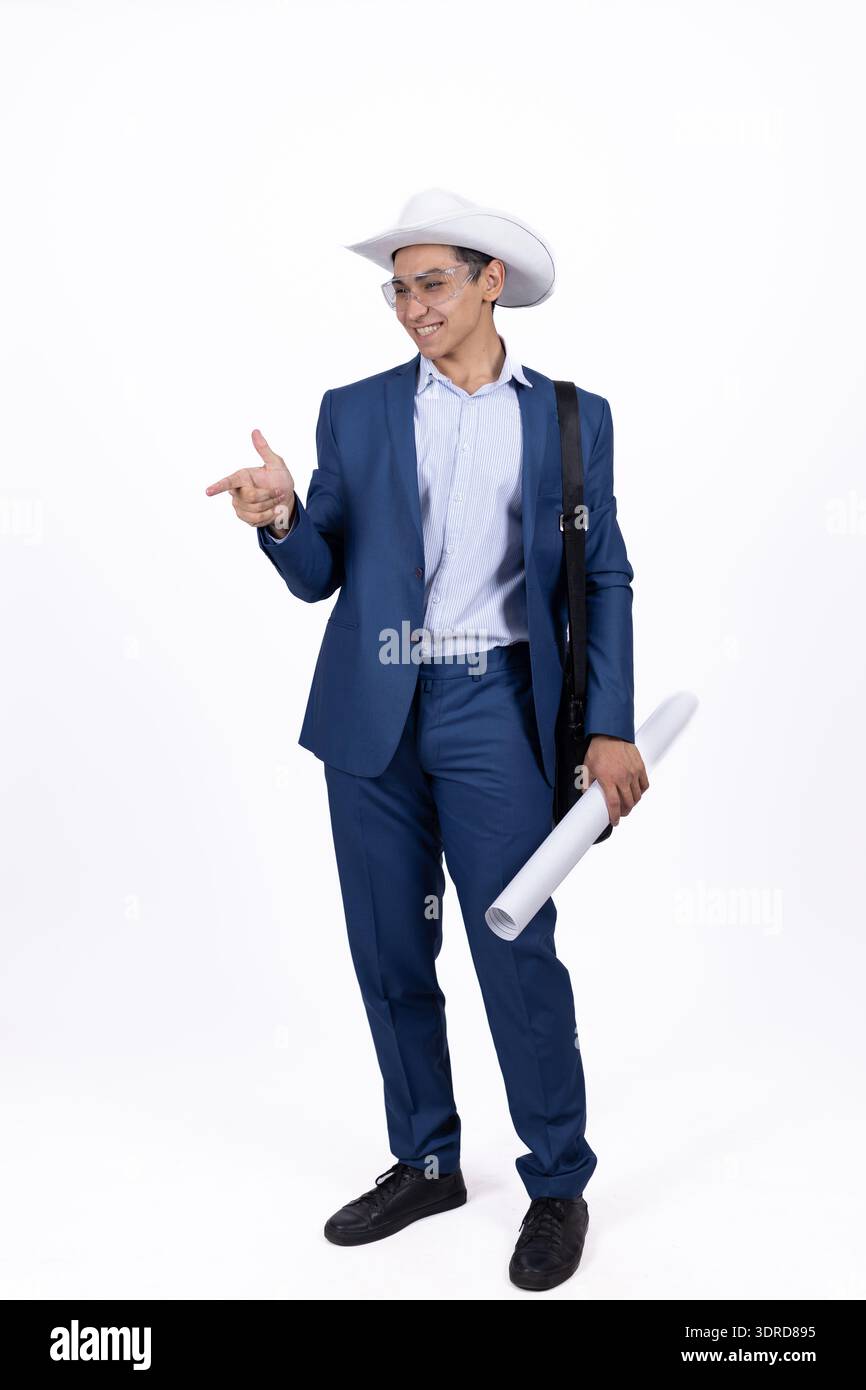 Architect holding a white hard hat and blue folder Stock Photo