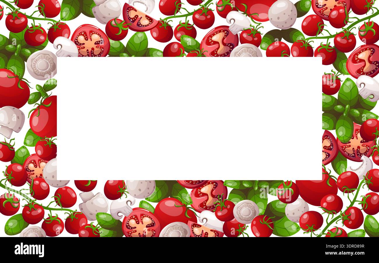 Tomato mushroom and basil vegetable frame Stock Vector