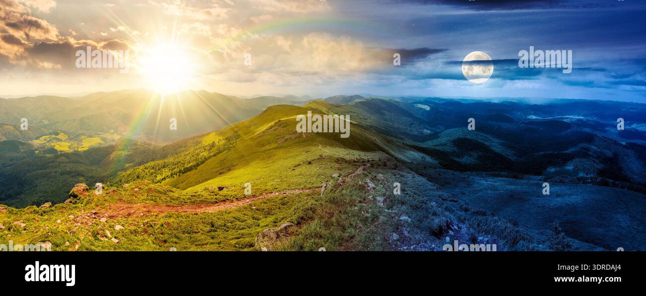 beautiful landscape of mountainous area on summer solstice. day and night time change. panoramic view of ridge in dappled light of sun and moon. alpin Stock Photo