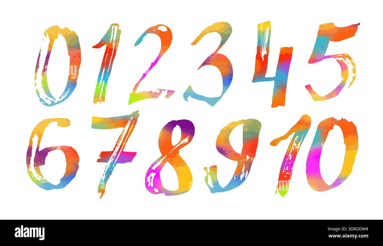 Numbers brush objects hand drawn colored. Not AI, Vector illustration Stock Vector