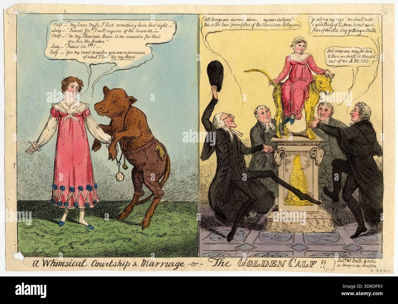 This 1819 humorous print titled 'A Whimsical Courtship & Marriage, or The  Golden Calf' depicts two scenes. In the first, a calf on hind legs wearing  breeches bows to a young woman,