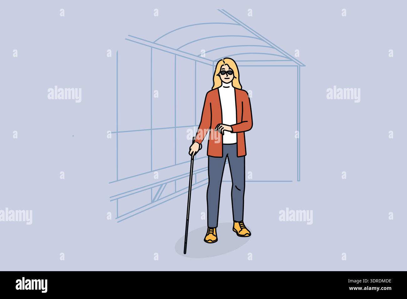 Blind woman with cane wait on bus stop Stock Photo