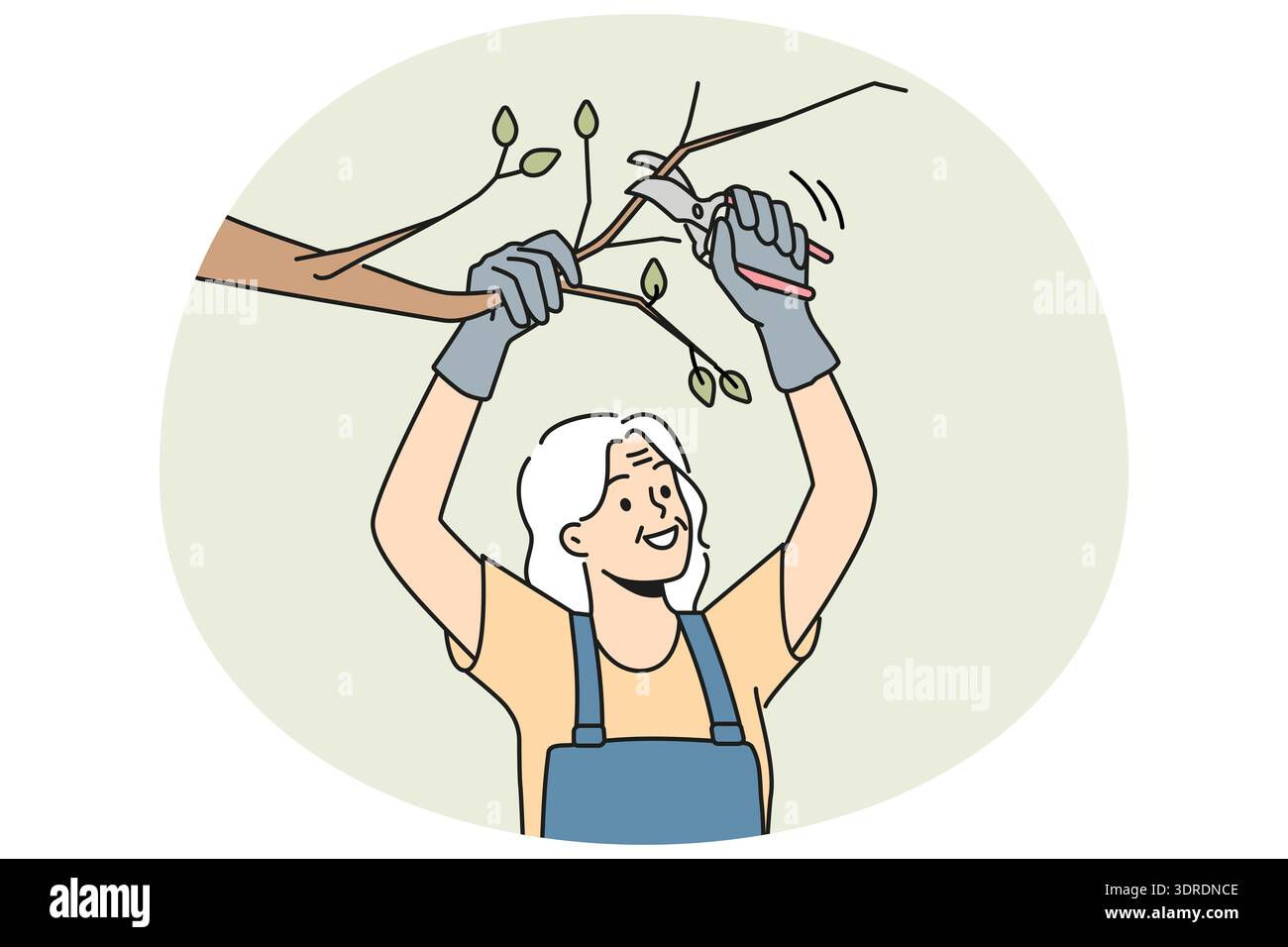 Smiling old woman cutting tree branches Stock Photo
