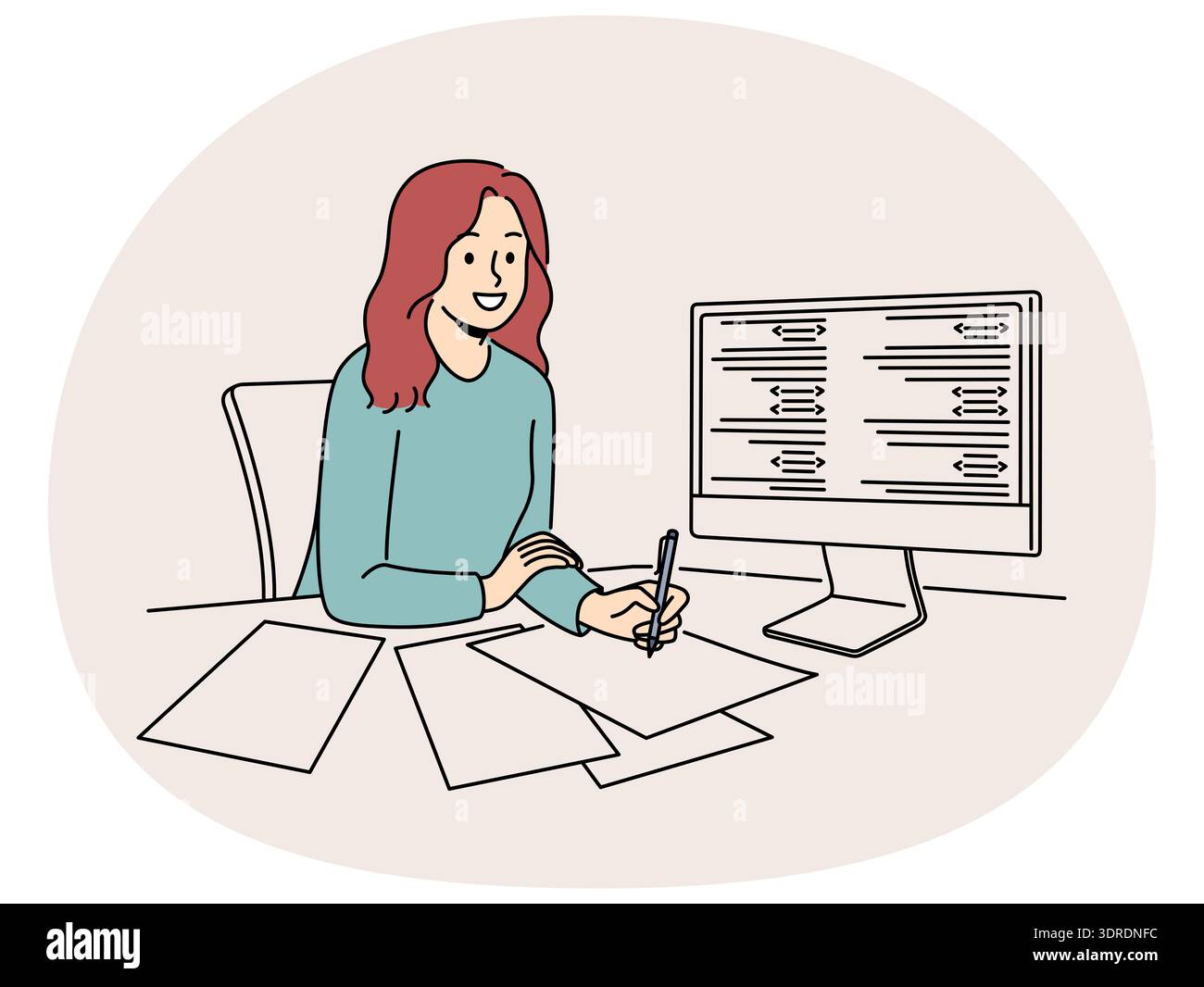 Smiling girl work on PC taking notes Stock Photo
