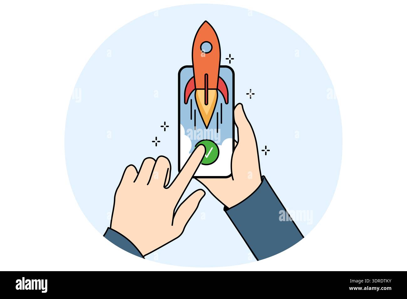 Hands and phone with rocket symbolizing fast internet and high-quality network for using mobile apps Stock Photo