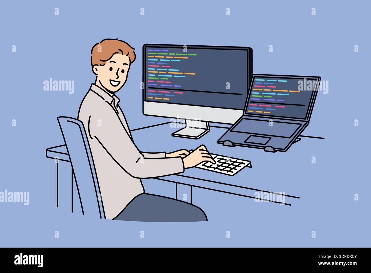 Man programmer types code and looks at camera, sitting at table with computer and laptop Stock Photo