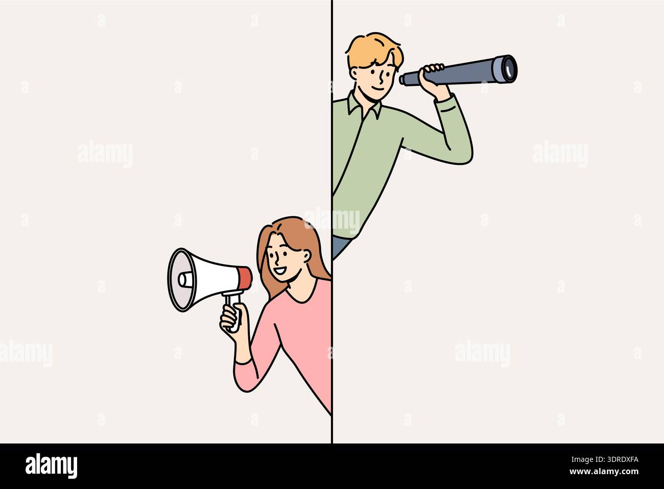 Business team of man using telescope to find opportunities and woman promoter attracting clients Stock Photo