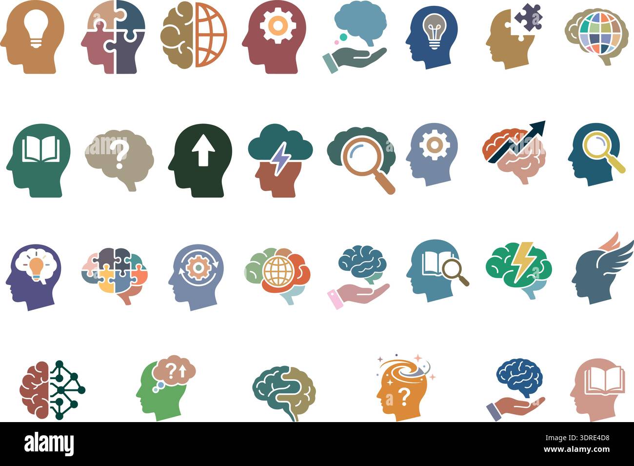 Creative Brain and Mind Icons Set with Intelligence, Learning and Idea Concepts Stock Vector