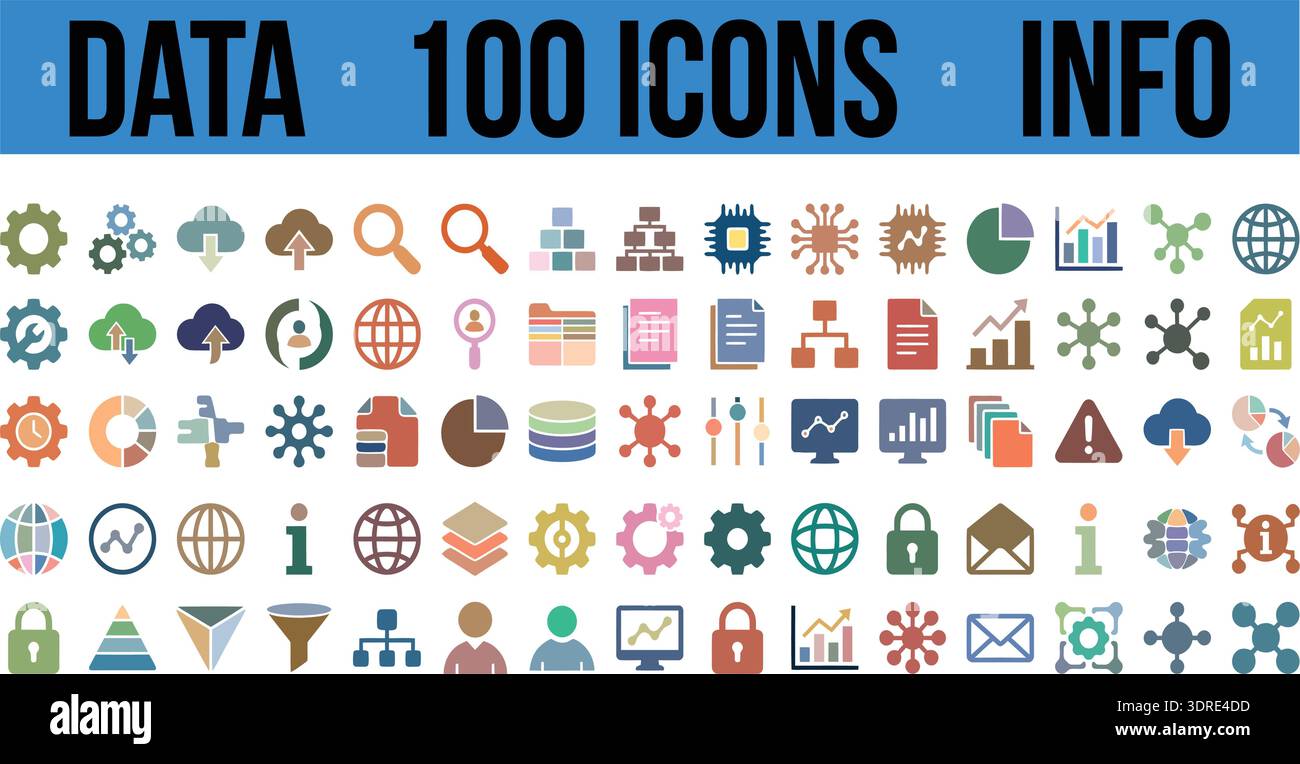 Data Analytics and Information Icons Set with Charts, Cloud and Network Symbols Stock Vector