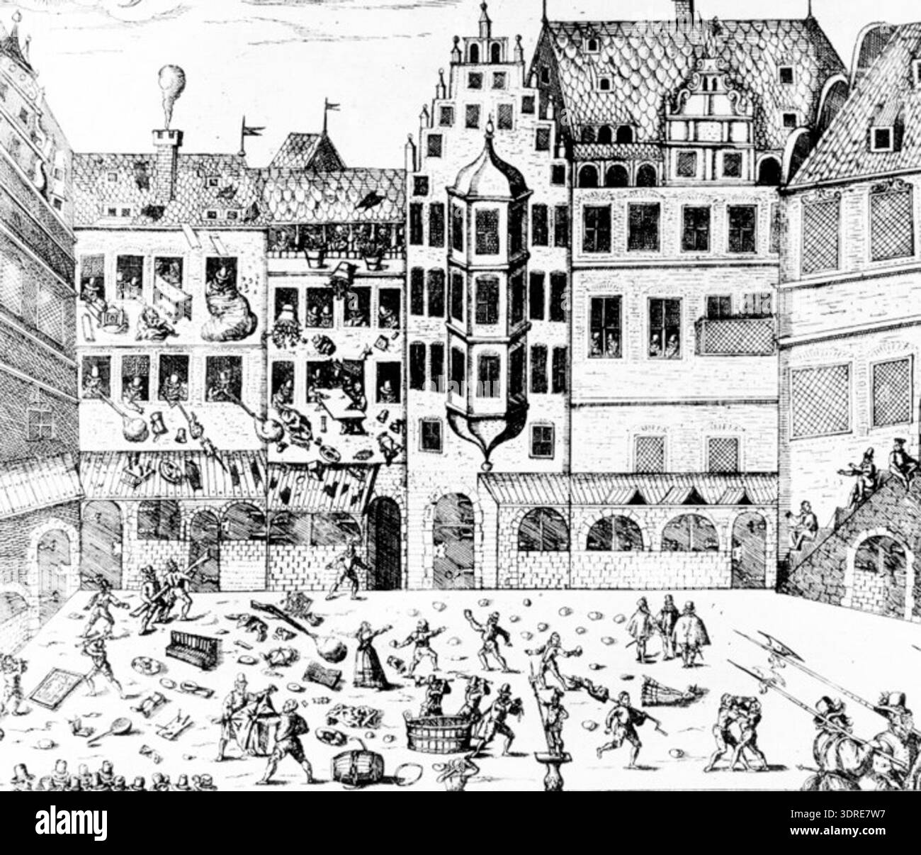 This illustration depicts the 1593 Calvinist uprising in Leipzig ...
