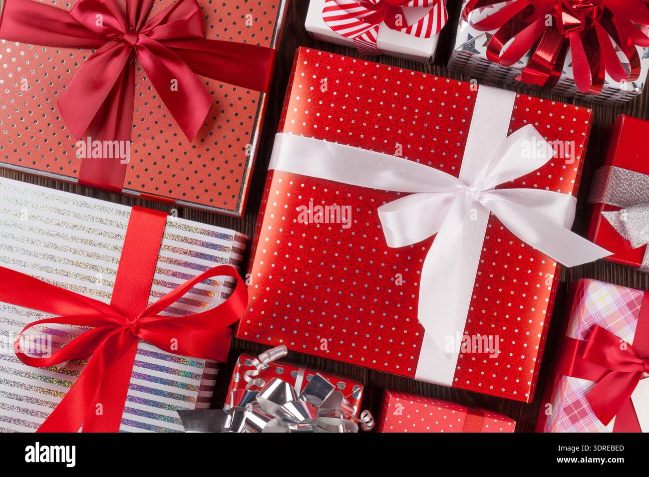 Christmas gift boxes on wooden table Stock Photo