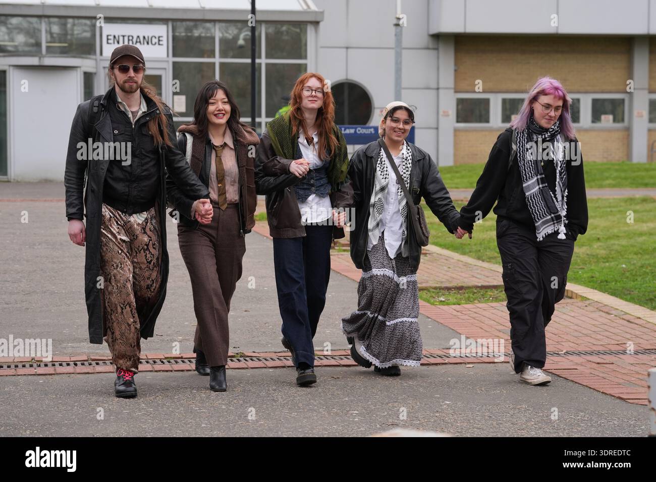 Palestine Action activists (left-right) Jordan Devlin, Leona Kamio, Zoe ...