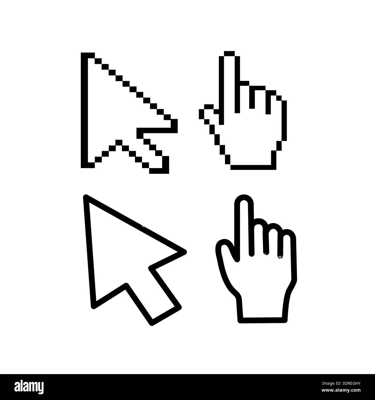 Pixel mouse cursor and hand pointer icon. Clipart image isolated on white background. Vector 10 eps. Stock Vector