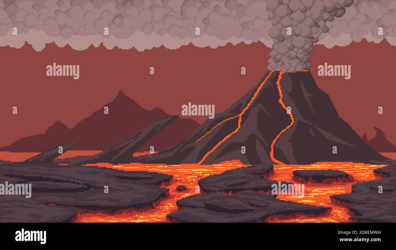 Pixel art volcanic landscape with erupting volcano, flowing lava, rocky ...