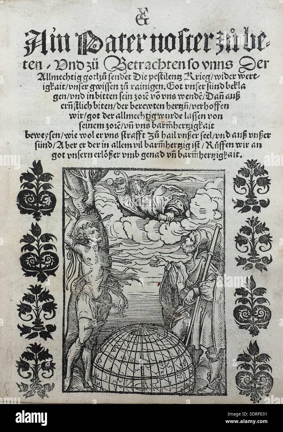 This 1521 title-page woodcut depicts St. Sebastian at left tied to a ...