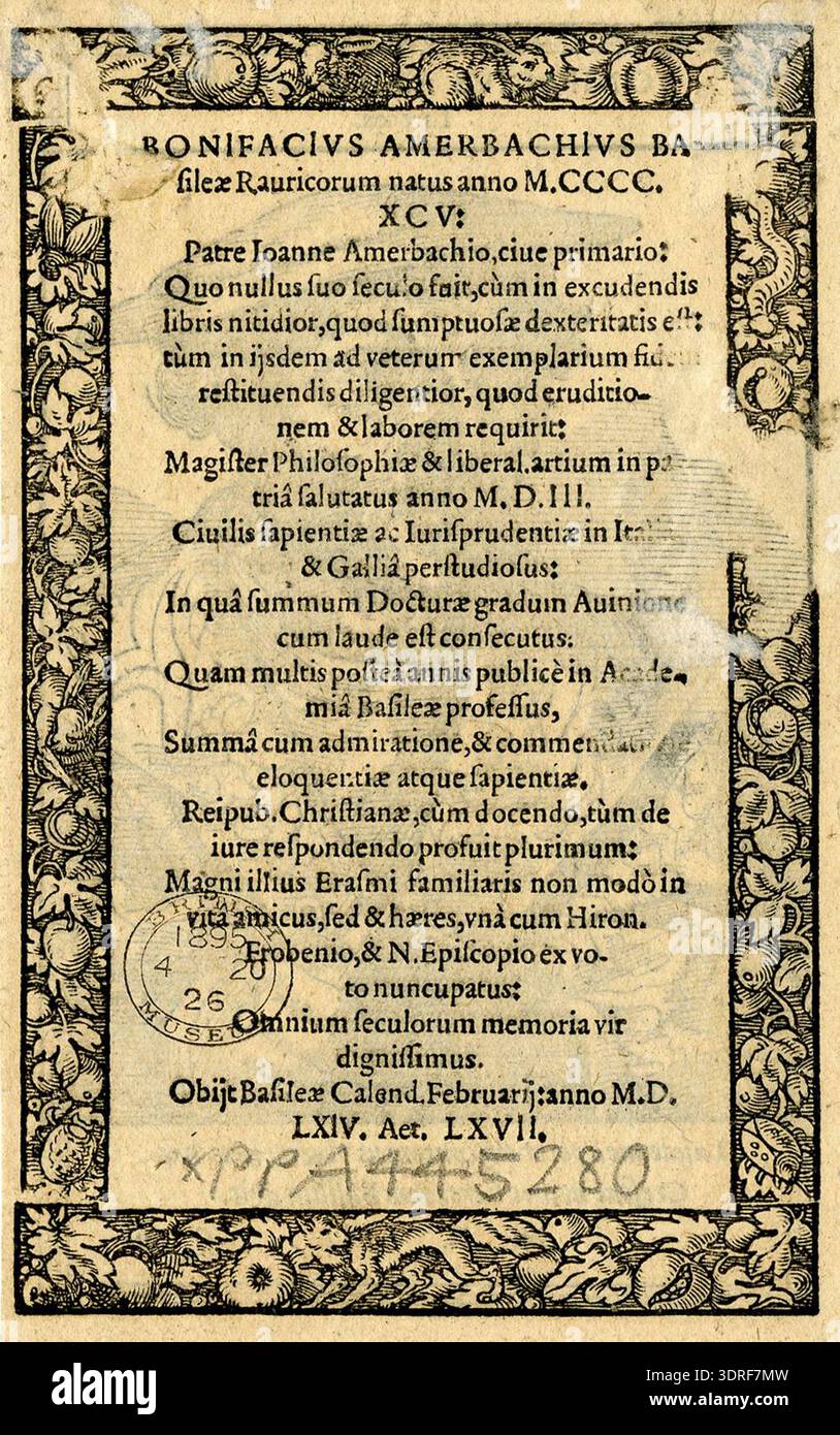 This 1587 woodcut print depicts Bonifacius Amerbach facing left, bust ...