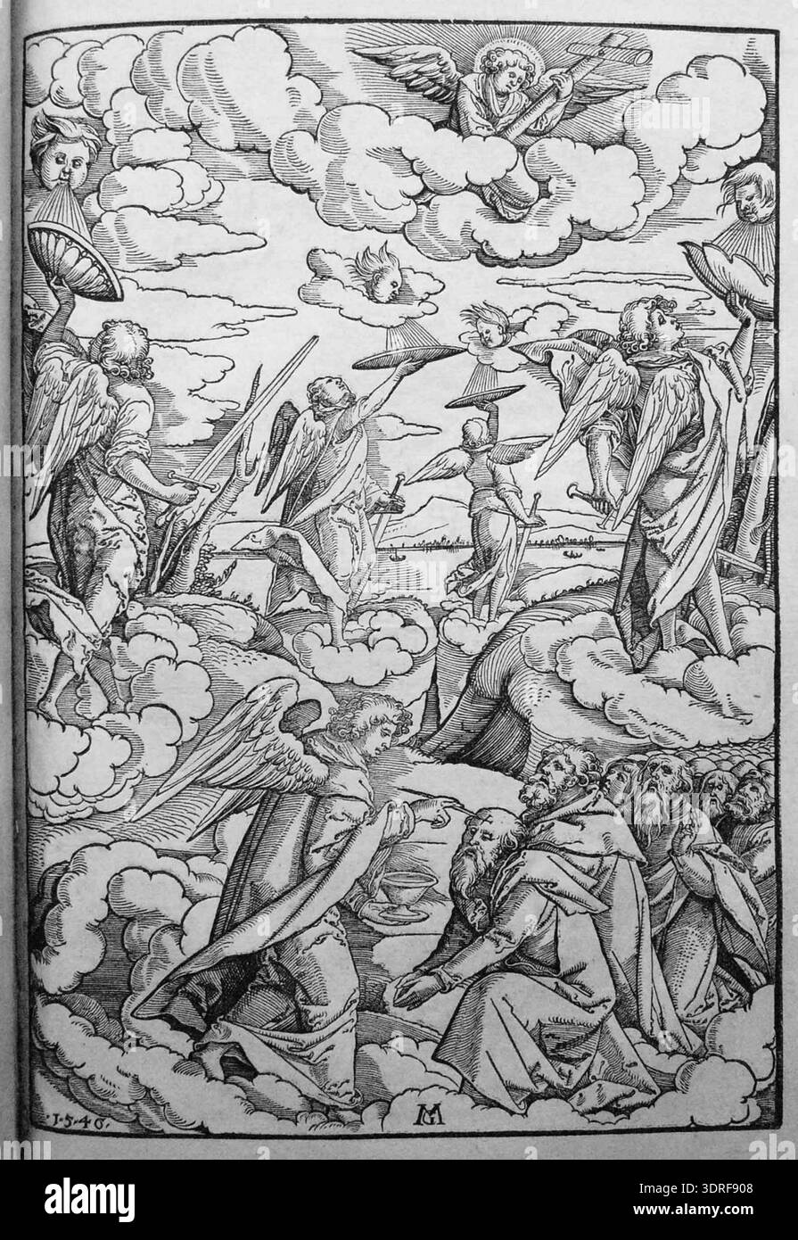 Woodcut from 1546 depicting the Apocalypse with angels holding back the ...