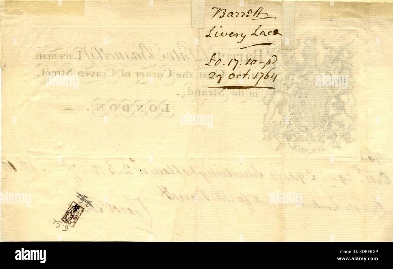 This 1764 trade card depicts Barrett, a lace man, with text identifying ...