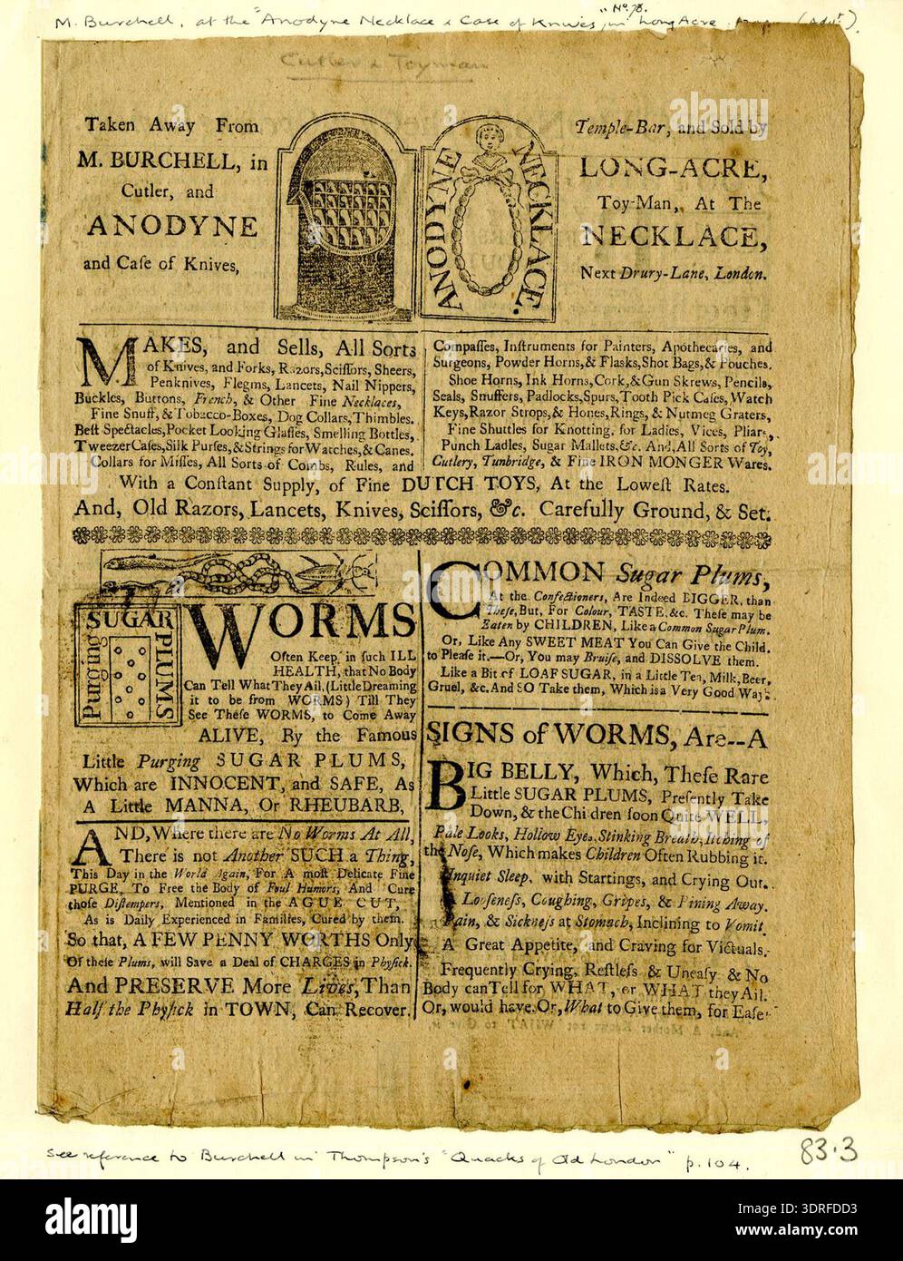 Pamphlet and trade card, circa 1775, advertising medicines sold by ...