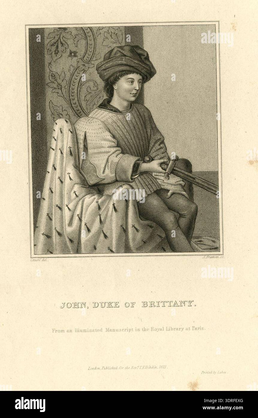 Etching and stipple portrait from 1821 depicting Jean V, Duke of Brittany, based on a French illuminated manuscript. The three-quarter-length figure sits on a throne draped with an ermine-patterned cloth and holds a sword in his right hand. Created by Samuel Freeman after drawings by Sébastien Coeuré and printed by James Lahee for Thomas Frognall Dibdin’s illustrated travel publication. Stock Photo