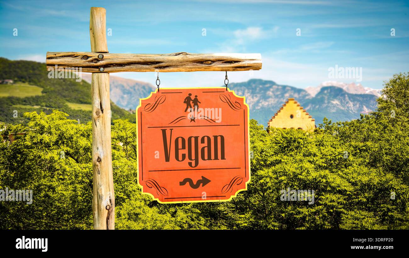 Signposts the direct way to Vegan Food Stock Photo