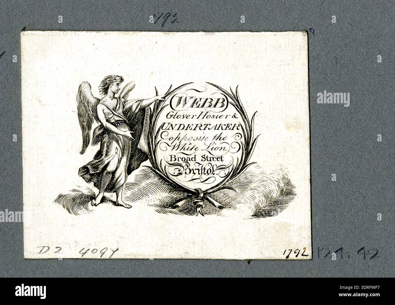 This circa 1760-1818 English trade card advertises Webb, an undertaker. The card provides details of funeral services, location, and professional identity, using typographic and decorative elements typical of eighteenth-century trade cards. It illustrates commercial print design aimed at attracting clients and conveying the undertaker’s services with clarity. Stock Photo