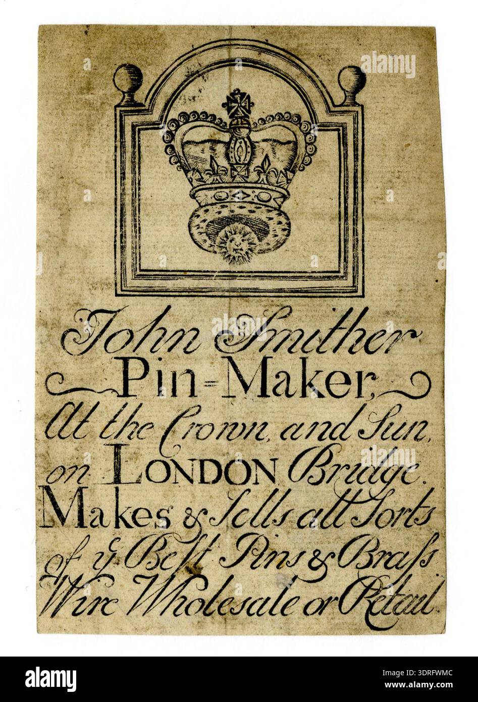 This circa 1760 English trade card advertises John Smither, pin maker. The card highlights the artisan’s products, including pins and small metalwork, using decorative and typographic elements characteristic of eighteenth-century commercial print. It illustrates professional identity, craftsmanship, and marketing aimed at attracting clients in London. Stock Photo