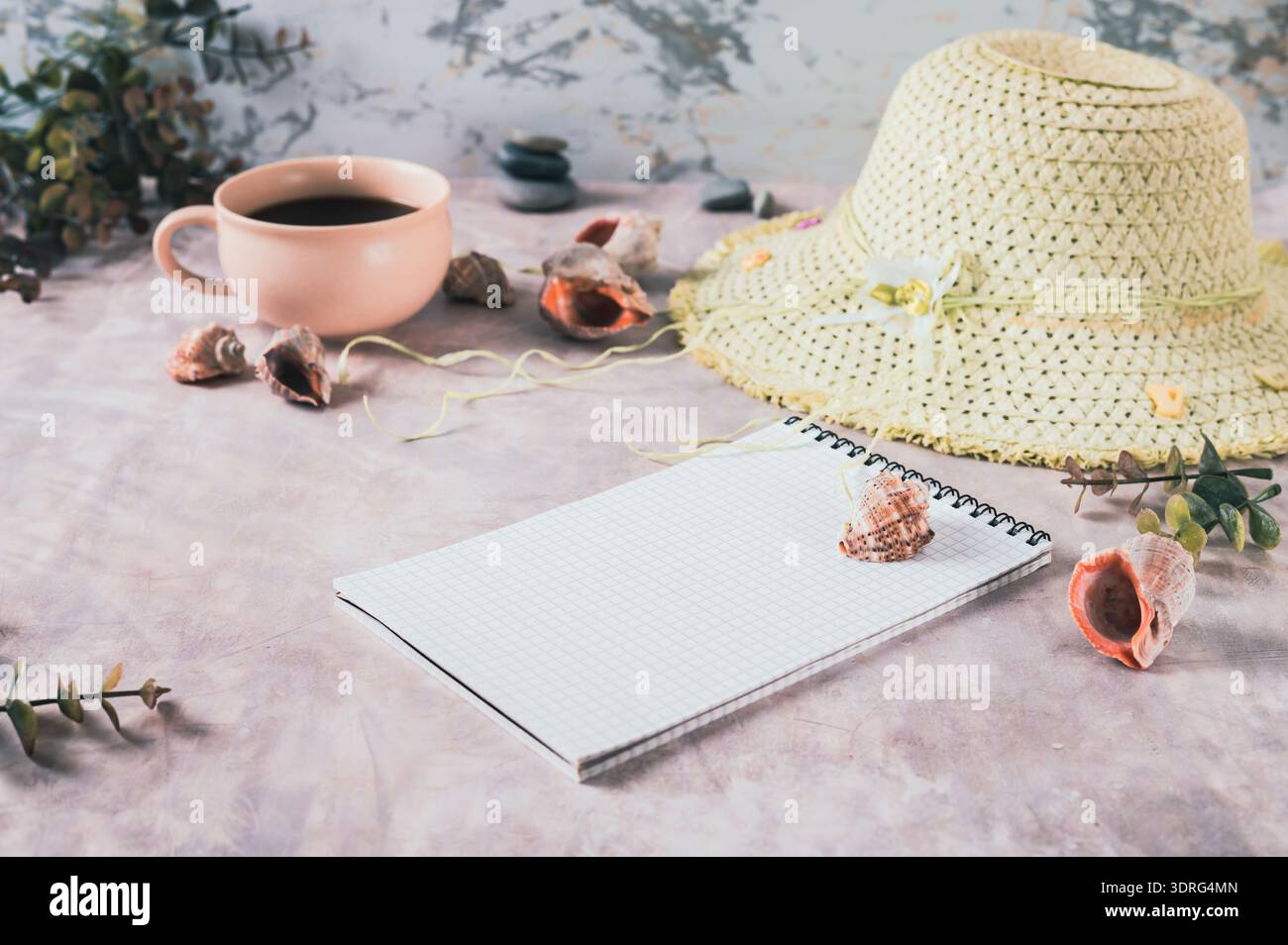Notebook, beach hat, shells and stones on the table Stock Photo