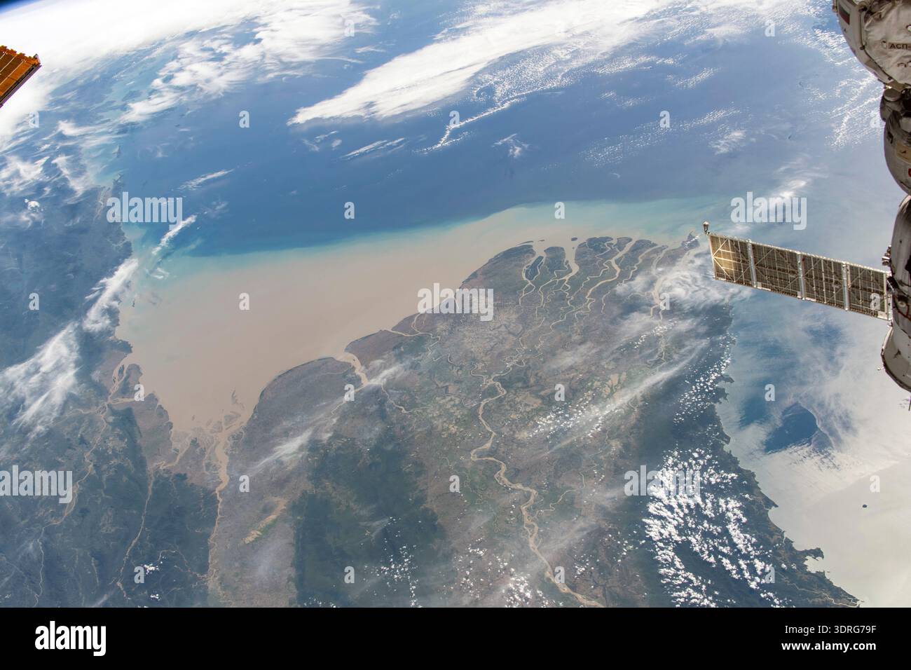 Myanmar's (Burma) Irrawaddy Delta - an important agricultural region in Southeast Asia filled with mangrove forests, rice paddies, and swampy lowlands - empties into the Andaman Sea and is pictured from the International Space Station as it orbited 262 miles above.  A photograph taken from the International Space Station on 22 November 2025  An optimised version of an original NASA image: Credit NASA/MFincke Stock Photo