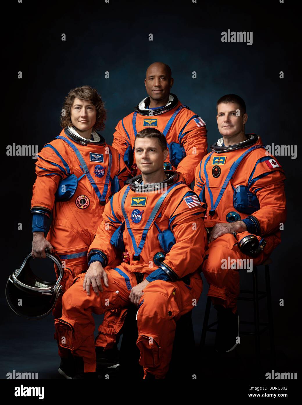 Official crew portrait for Artemis II, from left: NASA Astronauts Christina Koch, Victor Glover, Reid Wiseman, Canadian Space Agency Astronaut Jeremy Hansen.  28 March 2023.  Taken by photographer Josh Valcarcel at NASA's Johnson Space Center, the portrait is noted for its cinematic lighting and 'timeless' aesthetic, departing from more traditional, brightly lit NASA group shots  An optimised version of an original NASA image: Credit NASA/JValcarcel  EDITORIAL USE ONLY. NOT FOR ENDORSEMENT Stock Photo