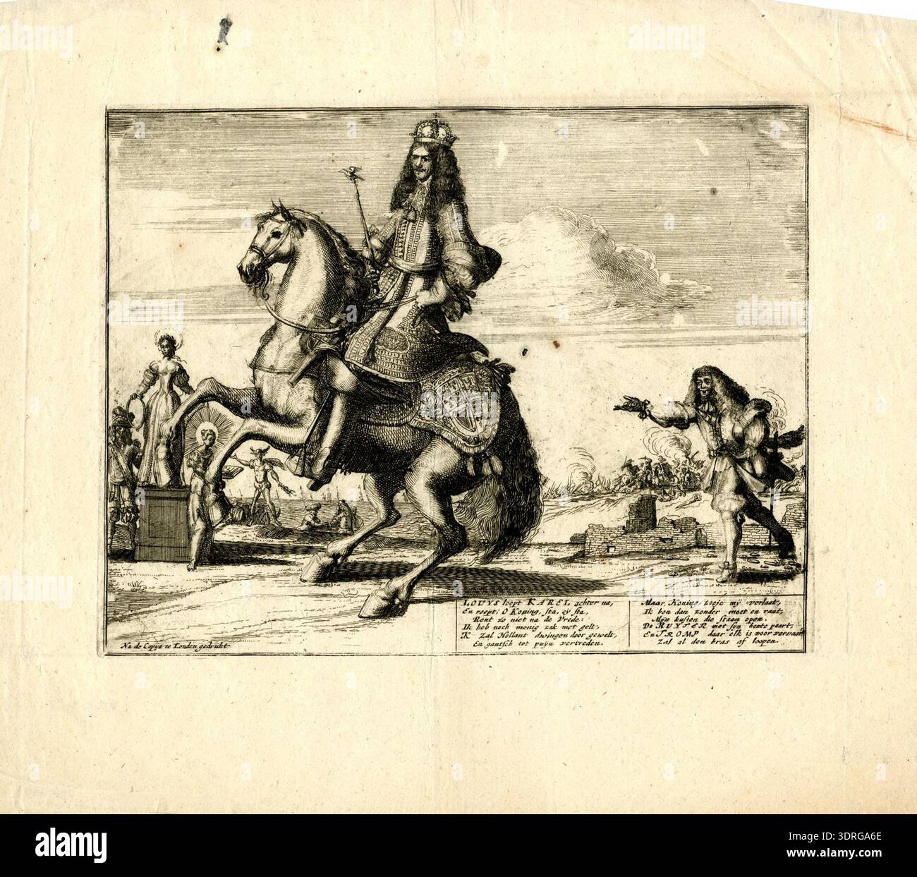 This circa 1677 etching is a satire depicting Louis XIV holding coins and running after Charles II, who rides a prancing horse holding the sceptre of peace. In front of the horse