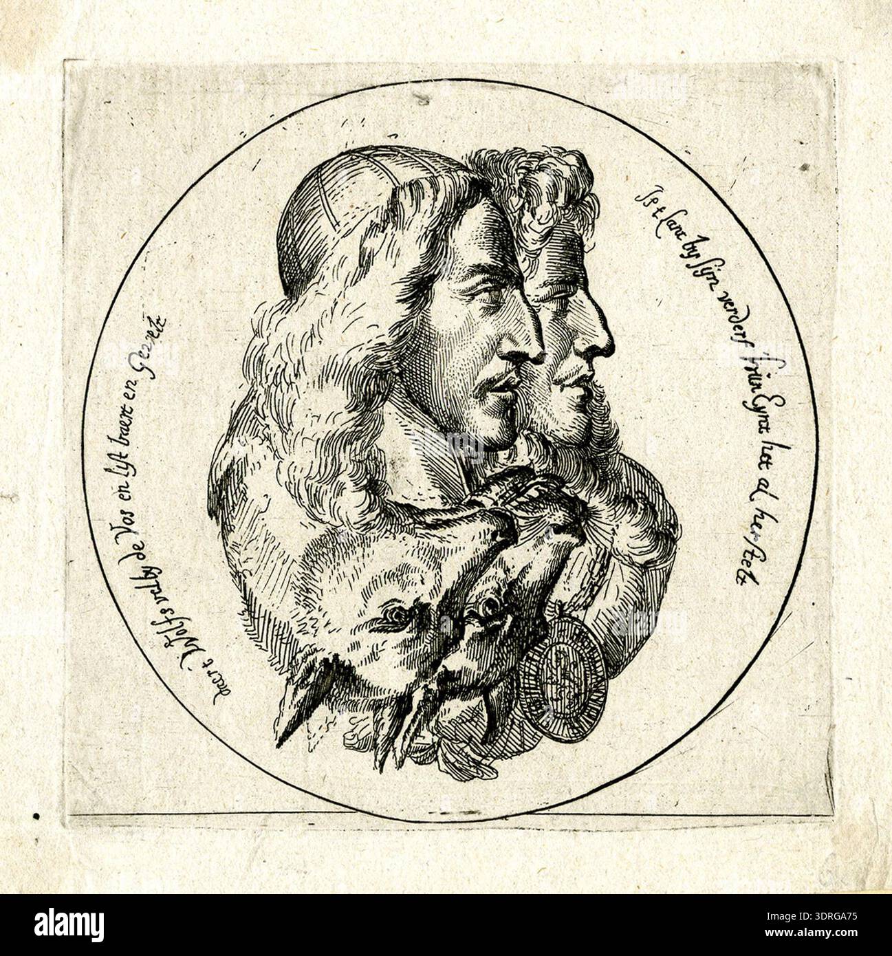 This circa 1690 etching is a satirical print featuring a circular ...