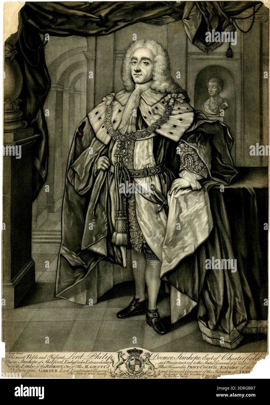 This mezzotint by John Brooks after William Hoare depicts Philip Dormer ...
