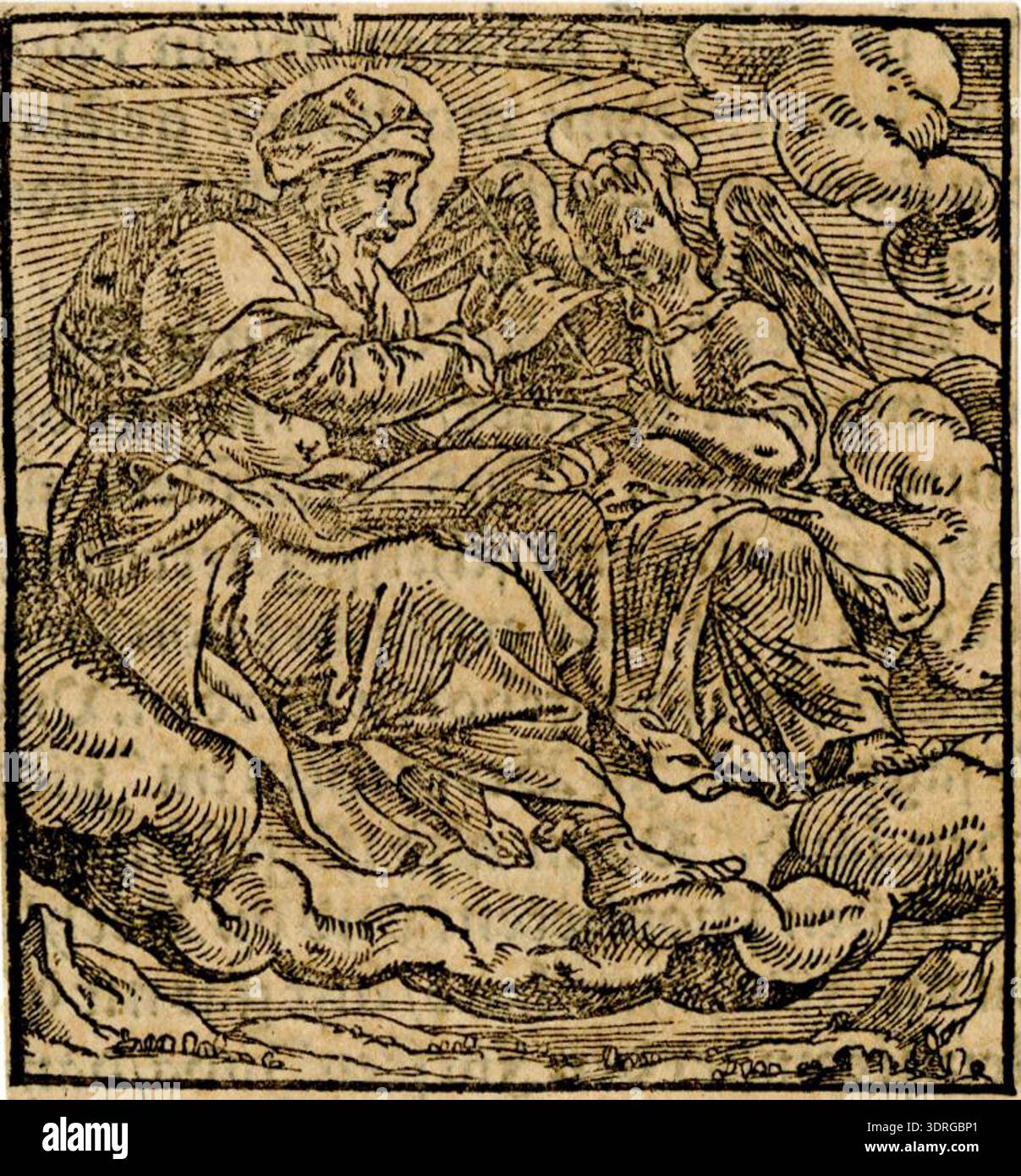 This woodcut, circa 1560-1584, depicts St Matthew seated among clouds ...