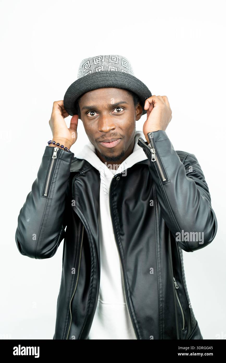Portrait of a black man wearing a leather jacket. Stock Photo